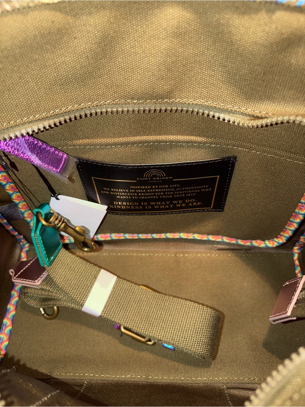 NWT Authentic Kurt Geiger Southbank Tote Olive / Rainbow Metallic + Dust Bag - Picture 7 of 9